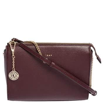 Pre Owned DKNY Burgundy Leather Top Zip Shoulder Bag