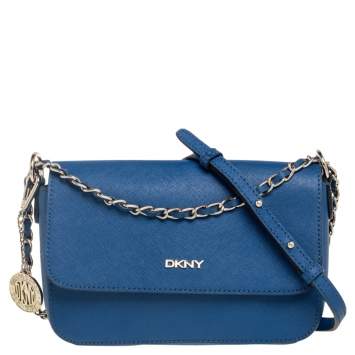 Pre Owned DKNY Navy Blue Saffiano Leather Robinson Flap Chain Crossbody Bag