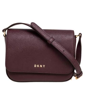 Pre Owned DKNY Dark Burgundy Saffiano Leather Flap Crossbody Bag
