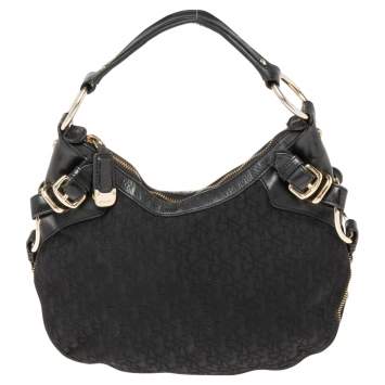 Pre Owned Dkny Black Leather And Monogram Canvas Hobo