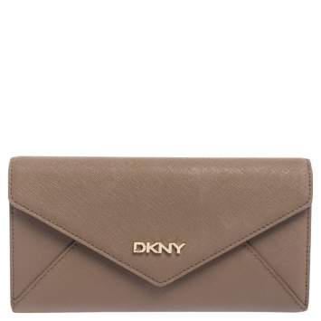 Pre Owned DKNY Dark Beige Saffiano Leather Envelope Flap Continental Wallet