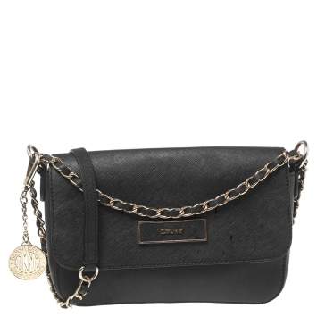 مملوكة مسبقًا DKNY Black Saffiano Leather Logo Flap Shoulder Bag