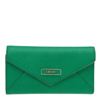Pre Owned DKNY Green/Pink Leather Long Trifold Wallet