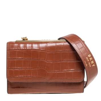 Pre Owned DKNY Tan Croc Embossed Leather Chain Shoulder Bag