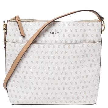 Pre Owned DKNY White/Beige Signature Coated Canvas and Leather Top Zip Shoulder Bag