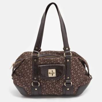 Pre Owned DKNY Dark Brown Monogram Canvas And Leather Satchel