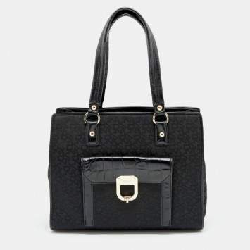 Pre Owned DKNY Black Signature Nylon and Croc Embossed Leather Tote