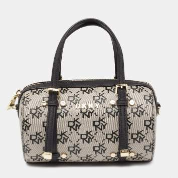 Pre Owned DKNY Black/Grey Signature Coated Canvas and Leather Boston Bag