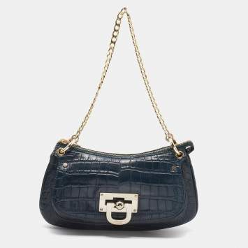 مملوكة مسبقًا Dkny Green Croc Embossed Leather Chain Shoulder Bag