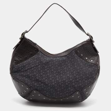 Pre Owned Dkny Brown/Grey Leather and Canvas Studded Hobo