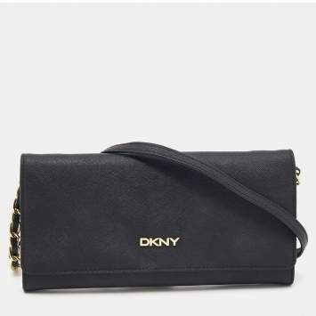Pre Owned DKNY Black Saffiano Leather Flap Wallet on Chain
