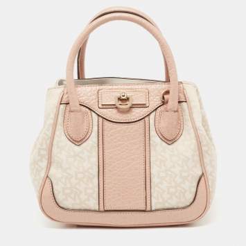 Pre Owned DKNY Beige/Pink Signature Canvas and Leather Satchel 