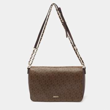 Pre Owned Dkny Brown Signature Coated Canvas and Leather Flap Crossbody Bag