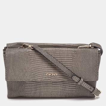 Pre Owned DKNY Grey Lizard Embossed Leather Double Flap Crossbody Bag