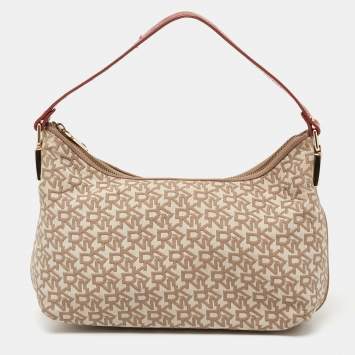 Pre Owned Dkny Beige/Rust Signature Canvas and Leather Baguette Bag