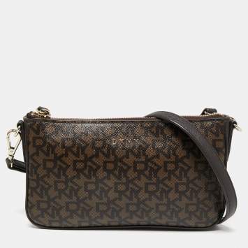 Pre Owned Dkny Brown Signature Coated Canvas and Leather Crossbody Bag