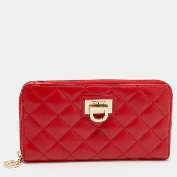Pre Owned DKNY Red Quilted Leather Zip Around Wallet