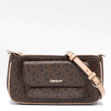 Pre Owned DKNY Brown Signature Coated Canvas and Leather Crossbody Bag