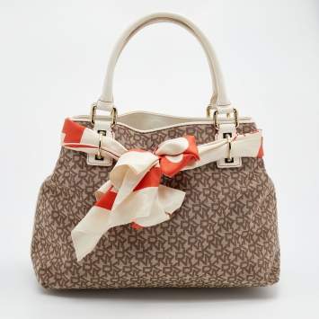 Pre Owned DKNY Beige/Brown Signature Canvas And Leather Tote