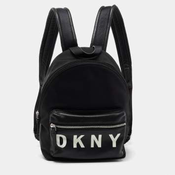 Pre Owned DKNY Black Nylon And Leather Mini Front DKNY Print Pocket Backpack
