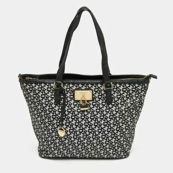 Pre Owned DKNY Black/White Signature Canvas and Leather Shopper Tote