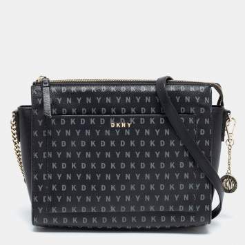 Pre Owned DKNY Black/Grey Coated Canvas Ava Zip Crossbody Bag