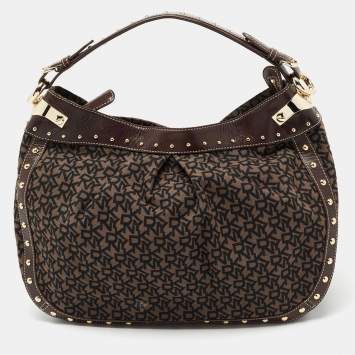 Pre Owned DKNY Brown/Black Signature Canvas And Leather Studded Hobo