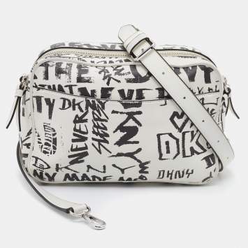 Pre Owned DKNY White/Black Graffiti Print Leather Erin Camera Crossbody Bag