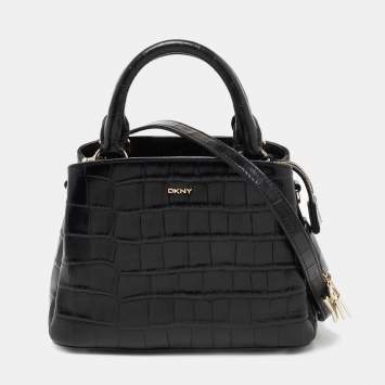 Pre Owned DKNY Black Croc Embossed Leather Zip Satchel