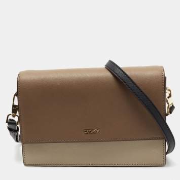 Pre Owned DKNY Brown/Beige Leather Flap Crossbody Bag