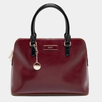 Pre Owned DKNY Burgundy/Black Leather Logo Satchel