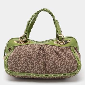 Pre Owned DKNY Brown/Green Signature Canvas And Leather Satchel