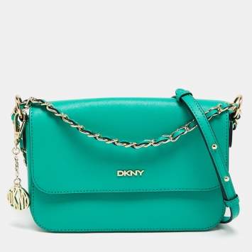 Pre Owned DKNY Green Leather Medium Bryant Flap Crossbody Bag
