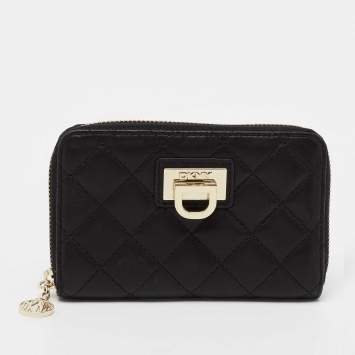 Pre Owned DKNY Black Quilted Leather Zip Around Wallet