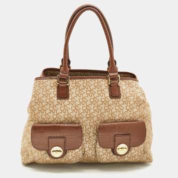 Pre Owned DKNY Beige/Brown Monogram Canvas and Croc Embossed Leather Turnlock Pocket Bag