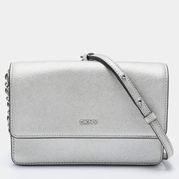 Pre Owned DKNY Silver Leather Bryant Flap Crossbody Bag