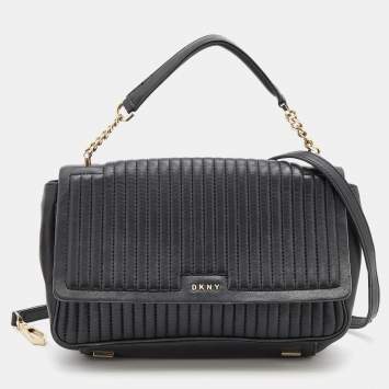 مملوكة مسبقًا DKNY Black Pinstripe Quilted Leather Gansevoort Flap Top Handle Bag
