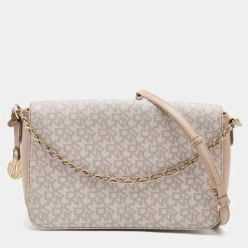 Pre Owned DKNY Beige/White Signature Coated Canvas and Leather Flap Shoulder Bag