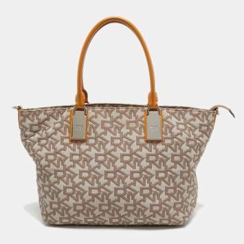 Pre Owned DKNY Beige Signature Canvas and Patent Leather Tote 
