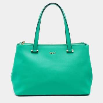 Pre Owned DKNY Green Saffiano Leather Double Zip Tote