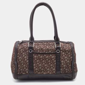 Pre Owned DKNY Dark Brown Signature Canvas and Leather Satchel