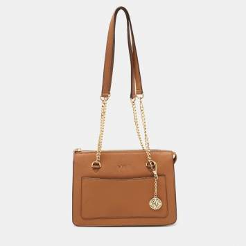 Pre Owned DKNY Tan Leather Bryant Zip Top Shoulder Bag