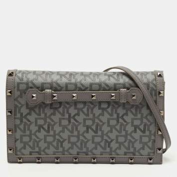 Pre Owned DKNY Grey Signature Coated Canvas Studded Flap Shoulder Bag