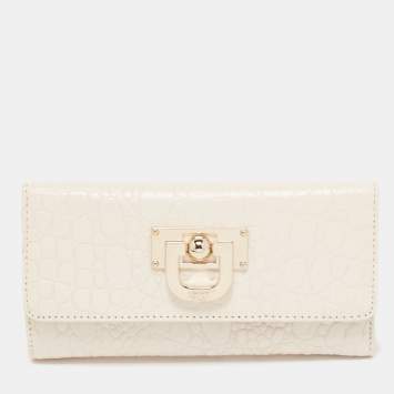 Pre Owned Dkny Off White Croc Embossed Leather Flap Continental Wallet