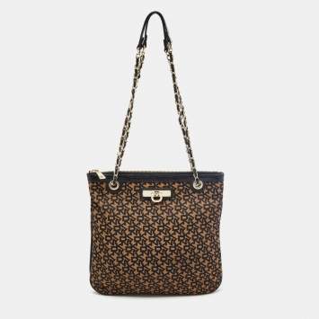 مملوكة مسبقًا DKNY Black/Brown Signature Canvas and Leather Chain Shoulder Bag