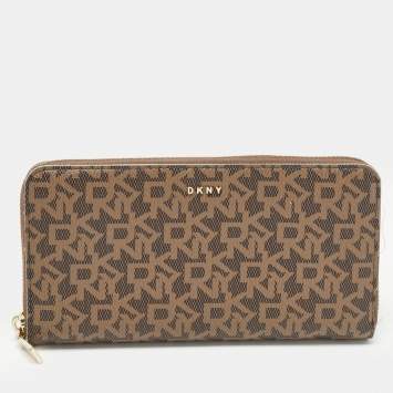 Pre Owned DKNY Brown Signature Coated Canvas Zip Around Continental Wallet