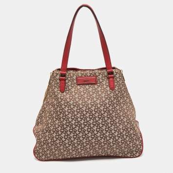 Pre Owned DKNY Red/Beige Signature Canvas and Leather Large Zip Tote