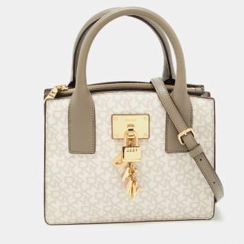 Pre Owned DKNY Grey/Off White Signature Coated Canvas and Leather Padlock Charm Satchel