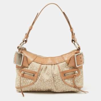 Pre Owned Dkny Beige/Light Green Monogram Canvas and Leather Buckle Baguette Bag 