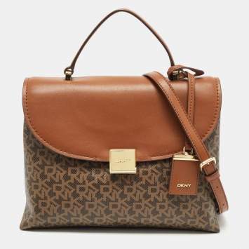 مملوكة مسبقًا DKNY Brown Monogram Coated Canvas and Leather Logo Flap Top Handle Bag